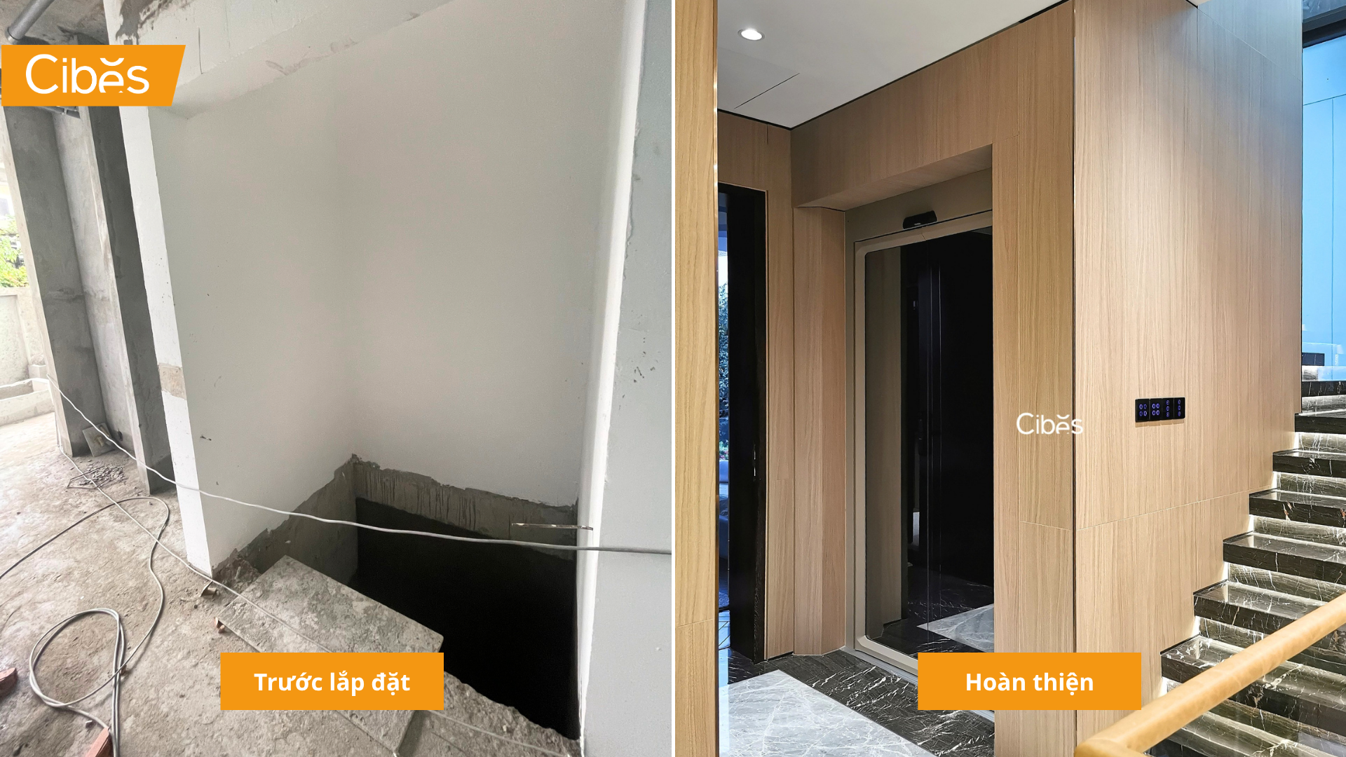 Thiết kế cầu thang bộ kết hợp thang máy Cibes V70 Galaxy cho nhà xây sẵn giếng thang